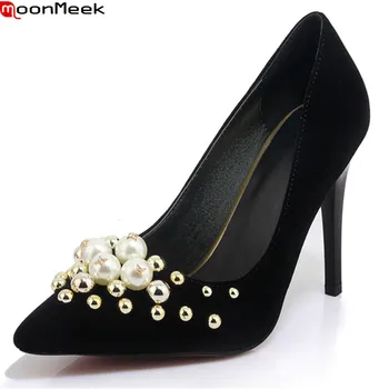 

MoonMeek 2020 new pumps women shoes pointed toe flock high heel with string besd slip on shallow party shoes ladies shoes