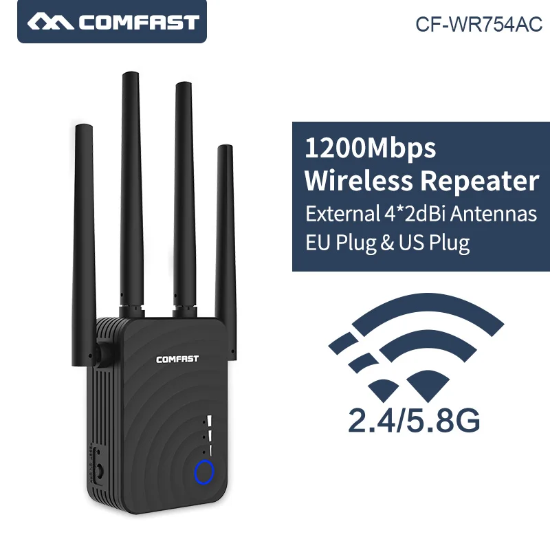 

New 1200Mbps COMFAST CF-WR754AC Wireless WiFi Repeater 2.4/5Ghz Dual Band Range Extender Signal Booster with 4 Ethernet Antennas