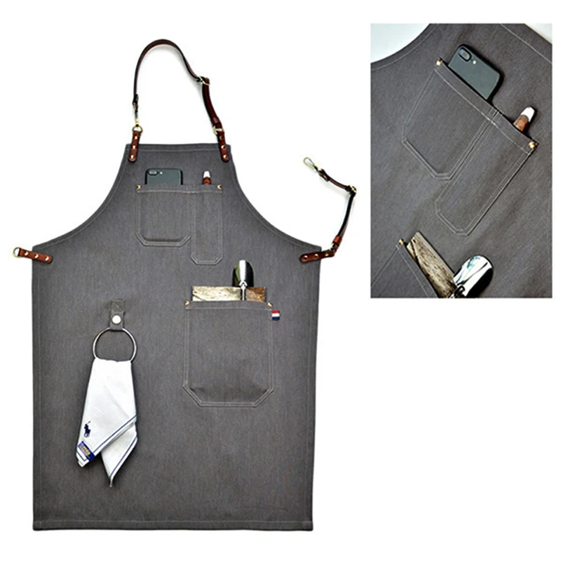 2018 Senior Denim cowboy BBQ Apron Bib Leather Straps Kitchen Apron for Women Men Barber cooking Restaurant Waitress Print Logo
