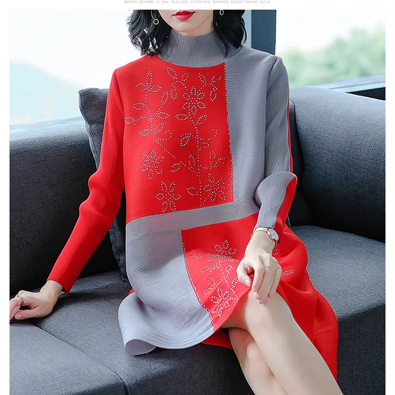 

Azterumi Special Pleats Spring New 2019 Women Stand Collar Dress Large Size Casual Loose Patchwork Dresses For Women Black Red