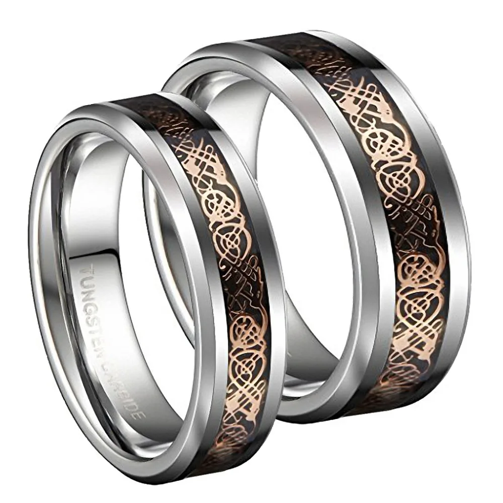 Silver Tungsten Carbide Wedding Band Gold Celtic Dragon Carbon Fiber Bridal Ring 