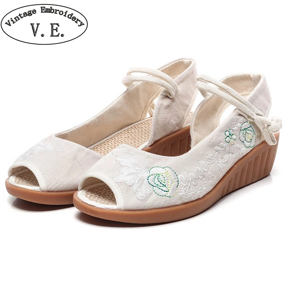 

Sandales Femme 2018 Nouveau Chinese Retro Open Peep Toe Wedges Women's Sandals Med Heels Woman's Summer Footwear Zapatos Mujer