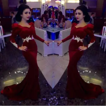 

2017 Dubai Arabic Evening Dress Red Velevet Evening Dresses Saudi Arabia Prom Dress Long Sleeves Long Prom Party Dress