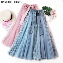 Новая Элегантная длинная Плиссированная юбка с бантом для женщин на лето и весну, Цветочная вышивка, трапециевидная юбка-пачка, кружевная сетчатая юбка, женские юбки средней длины