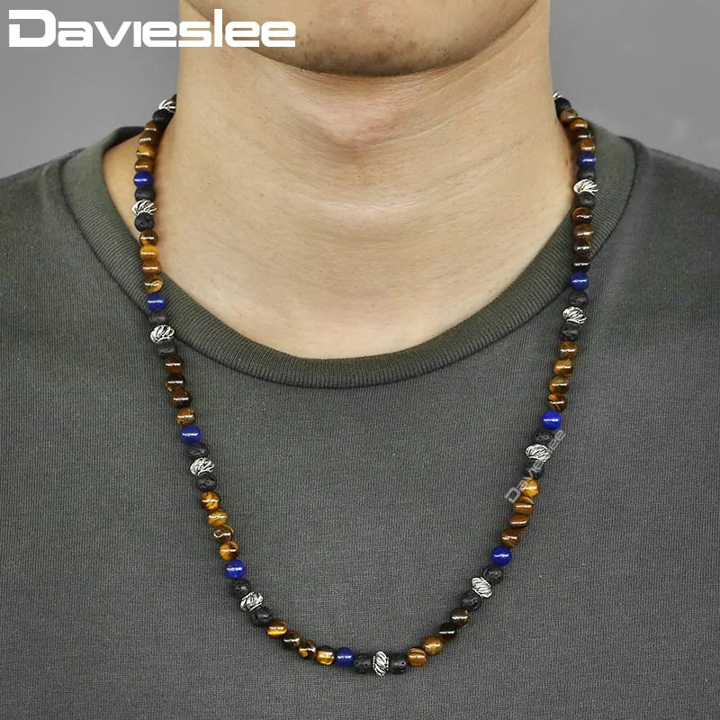 Davieslee тигровый глаз ожерелье с бусинами из камней для мужчин из нержавеющей стали фонарь Шарм мужское ожерелье мужские ювелирные изделия подарки 6 мм DDN25