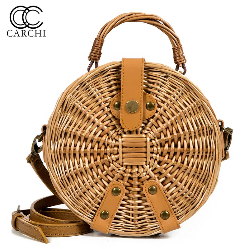 

CARCHI Summer Bali Hand-Woven Rattan Bag Embroidery Pouch Beach Straw Bag Knitting Circular Handbags Bolsa Feminina