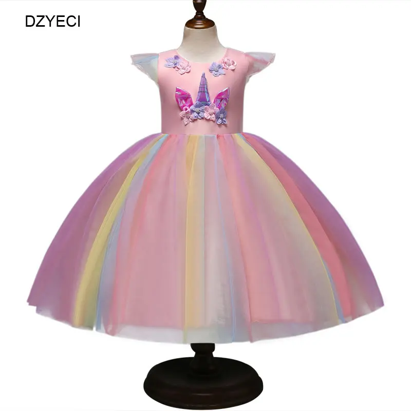 DZYECI/костюм единорога для маленьких девочек; платье для девочек; карнавальные вечерние платья радужной расцветки; элегантная детская Туника; нарядное платье Elza - Цвет: Pink