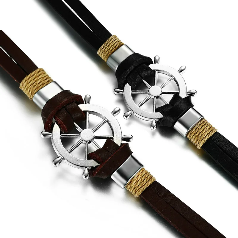 Vnox Rudder Design Men Bracelet Bangle Double Layer Leather Classic Vintage Daily Sport Sailing Jewelry
