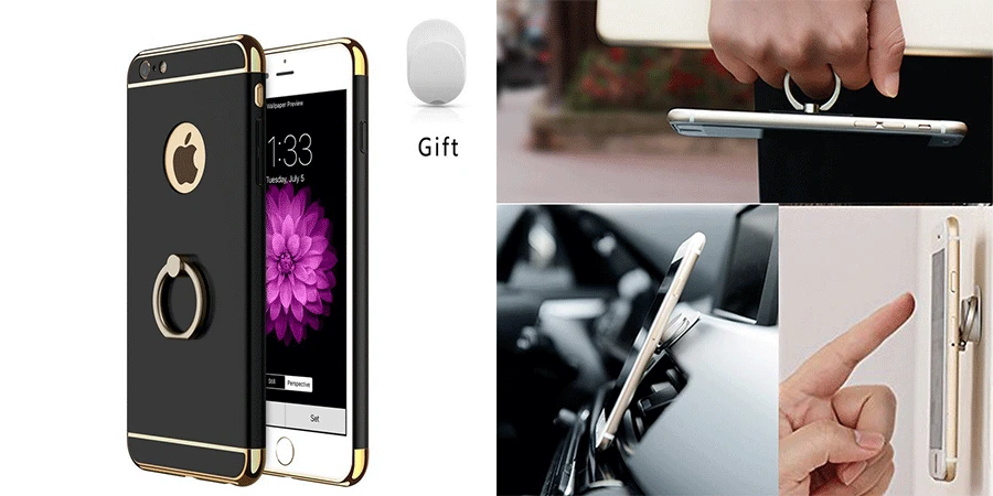 3 in 1 Ultra Slim Design Hybrid PC Hard Back Cover with Metal Ring Holder Kickstand For iPhone 6 S 6S Case Mobile Accessories