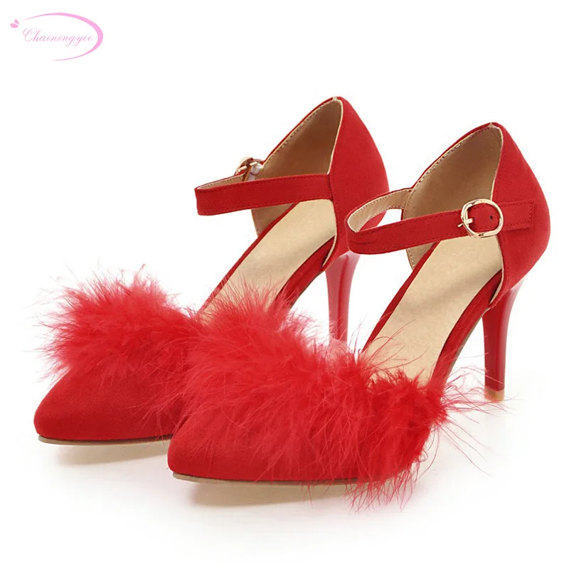 

Chainingyee party style nubuck sexy pointed toe summer sandals belt buckle red beige black thin high-heeled women's shoes