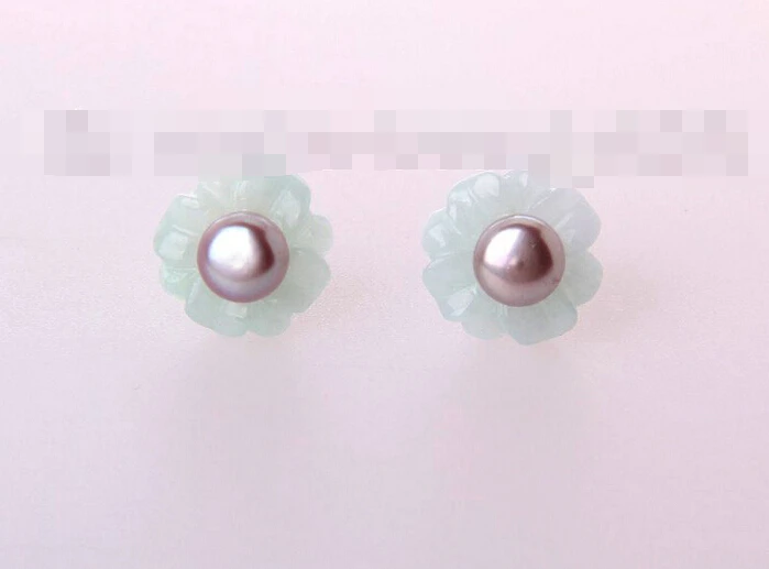 

free shipping 00314 green flower natural jade purple freshwater pearl earrings
