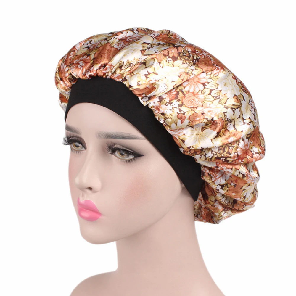 Satin Hair Bonnet Night Sleep Cap For Women Shower Caps Elastic Band Silk Head Cover Long Hair Care 58cm - Цвет: little flower