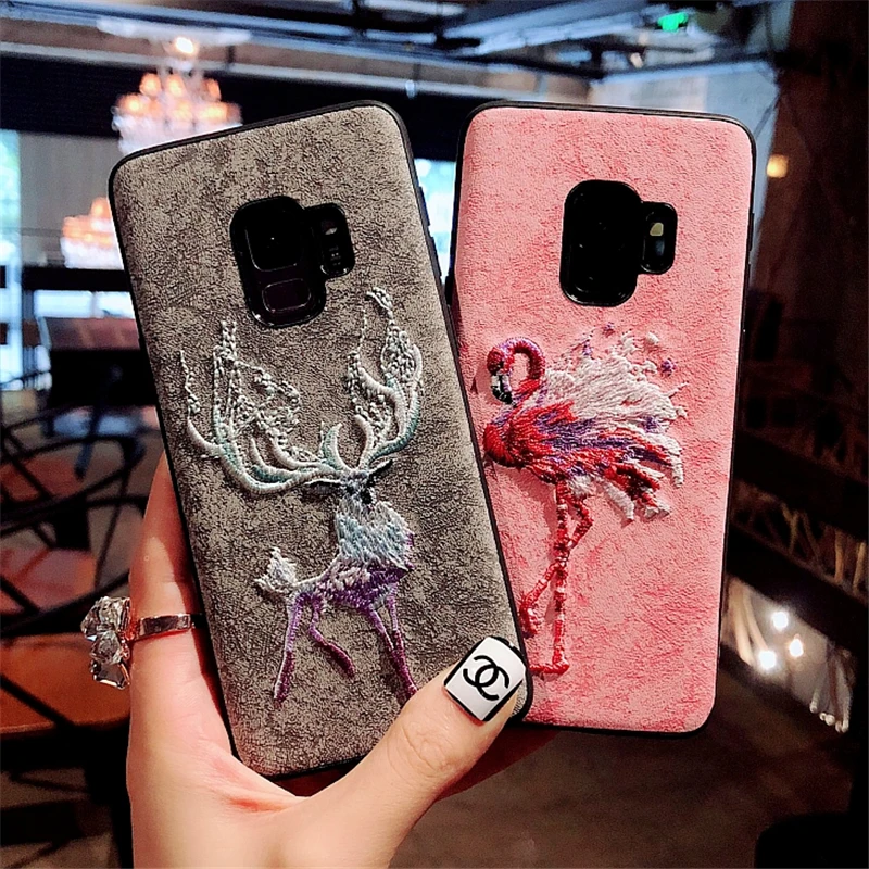 

Gurioo Patterns Handmade 3D Embroidery Elk Flamingo Phone Case For Samsung Note 8 9 S8 S9 Plus Leather Dragon Phoenix Back Cover