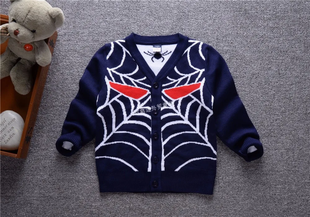 Осень-зима, детские вязаные свитера с человеком-пауком, детская одежда, жаккардовый вязаный хлопковый кардиган с треугольным вырезом для маленьких мальчиков