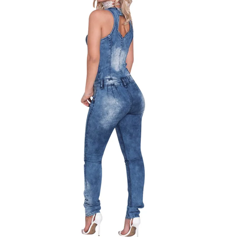Женский комбинезон, джинсовые штаны, длинные штаны, женские сексуальные джинсы, Длинные Сексуальные синие облегающие джинсы без рукавов с глубоким v-образным вырезом