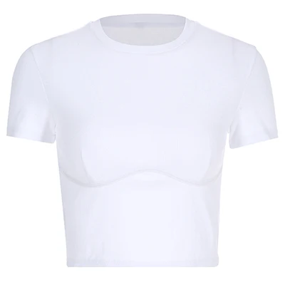 Rapwriter Casual Ribbed Crop Basic White T-Shirt Girl Summer Streetwear Crew neck Short Sleeve Stretch Tee Top feminina - Цвет: White T-Shirt