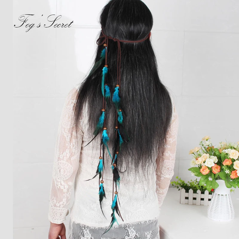 Хиппи ободок для волос для девочек Богемия ручной работы волос голова украшение для волос длинные волосы Голубое перо