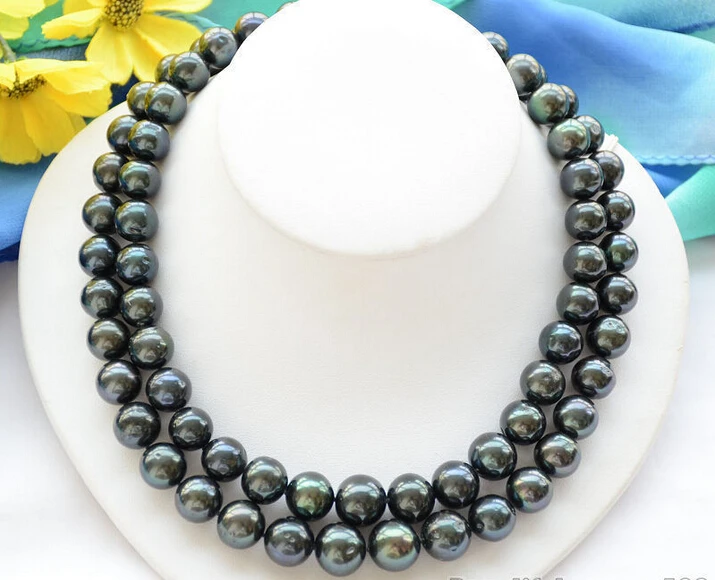 

>@@@@@ AZ6464 Huge 2strands 14mm ROUND BLACK Freshwater cultured PEARL NECKLACE a -Top quality free shipping