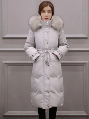 Зимнее модное женское пальто на утином пуху, длинные дизайнерские куртки выше колена с воротником из меха енота, розовый, синий, черный, серый, xxl 2xl - Цвет: grey grey fur