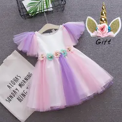 Платье с единорогом для маленьких девочек, Радужное платье с фатиновой юбкой и повязкой на голову с единорогом, милый Детский сарафан для