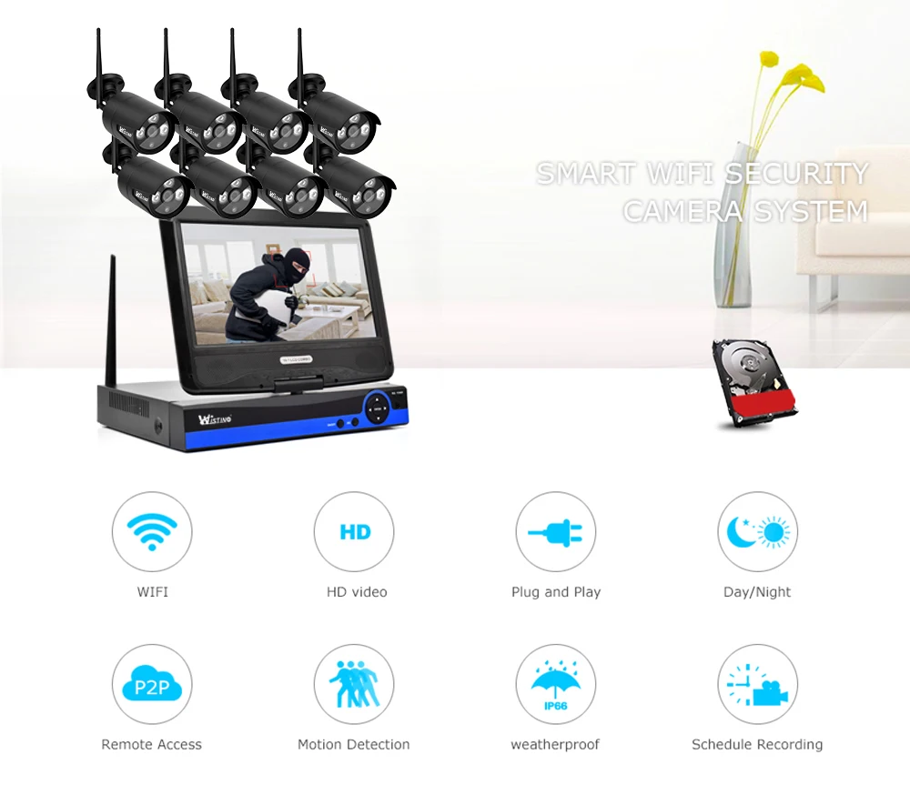 Wistino 960P IP Camera CCTV Security System Kit Wireless 4CH NVR Wifi Outdoor P2P Monitor Kits IR LCD Screen Surveillance Camera (1)