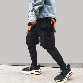 

Hip Hip Streetwear Men's Big pocket Joggers Pants 2019 Men Ribbons Cotton Cargo Pant Trousers Elastic Waist Harem Pant Men