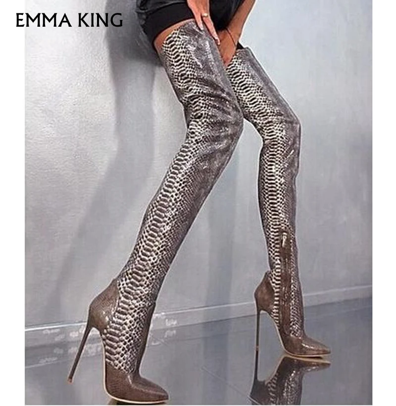 

EMMA KING Sexy Snakeskin Over The Knee Boots Pointed Toe Patchwork Python Thigh High Long Boots Winter Shoes Woman EURO 35#-43#