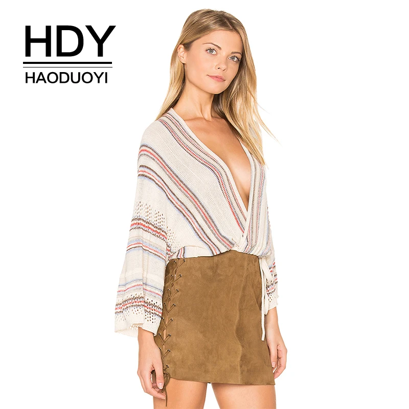 HDY Haoduoyi Striped Color Block Batwing Sleeve Hollow Out Belt Bow Thin Sweater 2020 New Arrival Casual V-neck Hot | Женская одежда