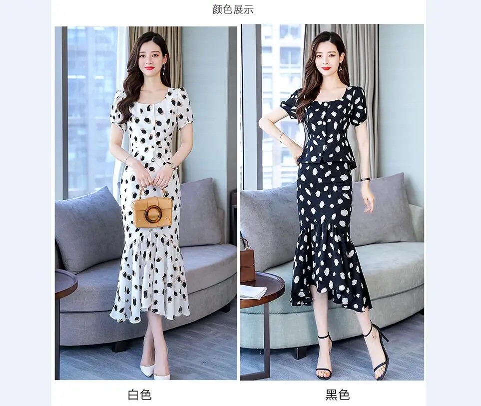 SUmmer Women Two Piece Sets top blouse Shirt and long mermaid Skirt Sets Fashion lady party dot Skirts suits