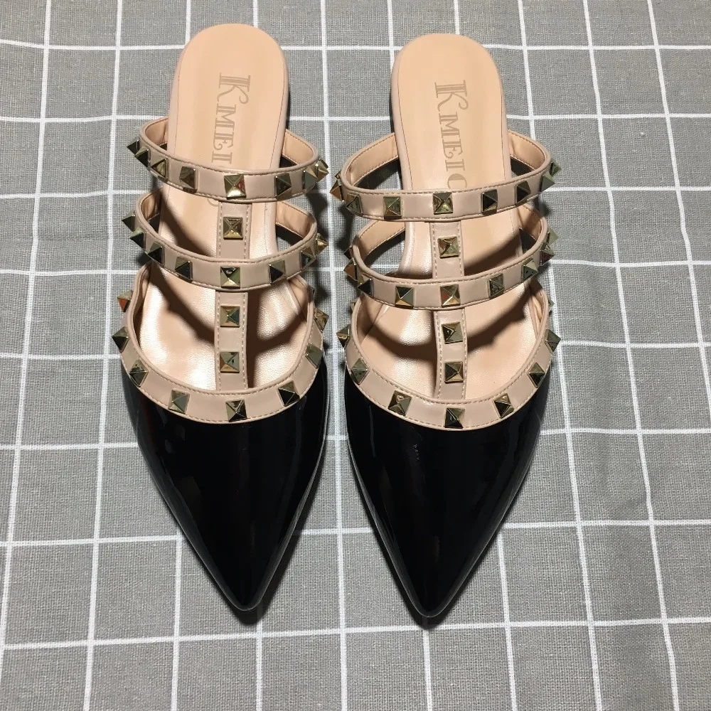 Spéciale Bout patent Appartements Fretwork black Chaussures Pink patent Pointu Casual Sur Kmeioo Pour Femmes Robe Mode Découpes gold pu Slip Diapositives Offre Rivets nF8w0xBqS5