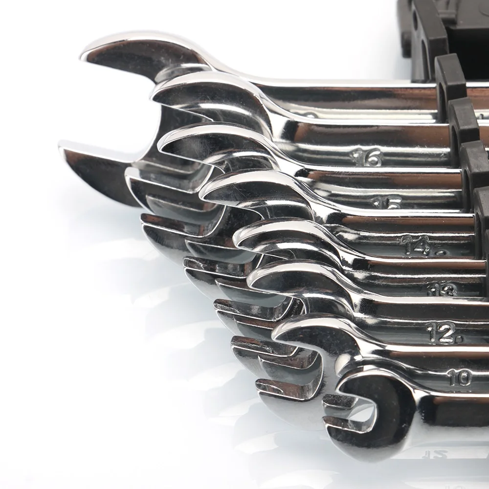 VECONOR 8 pieces full polished ratchet wrench set in plastic storage rack ratcheting gear key wrench 8-18mm