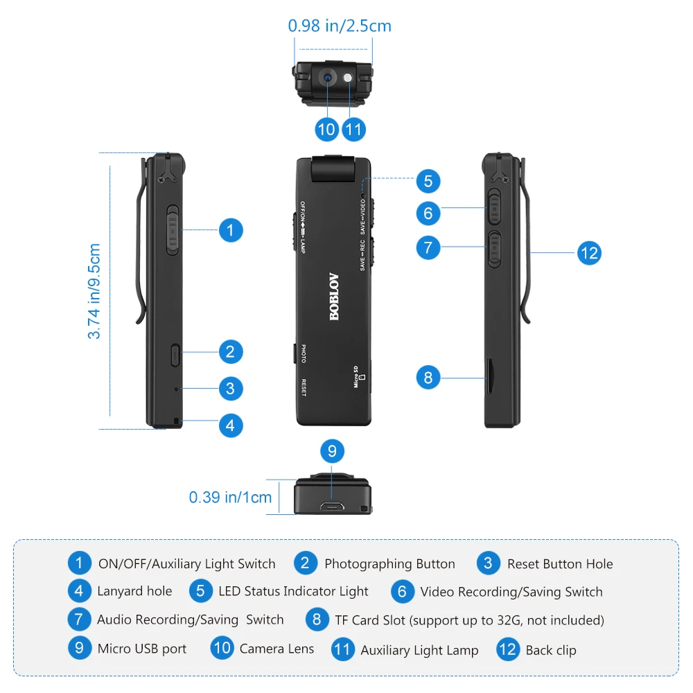 BOBLOV A3 мини цифровая камера HD фонарик Micro Cam Магнитная для тела Детектор движения