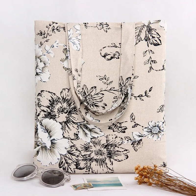 Yile вручную с цветочным рисунком с большим цветком из хлопка и льна Эко многоразовые сумки Сумка через плечо сумка-тоут L262
