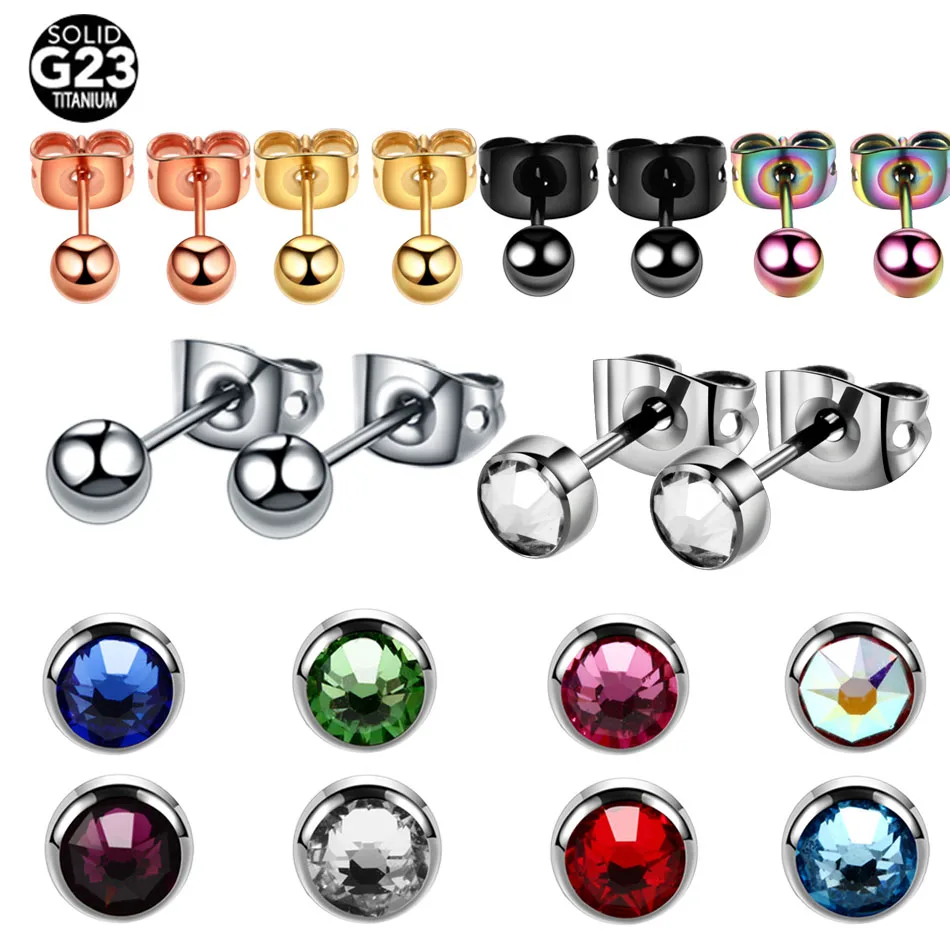 

2PCS G23 Titanium Crystal Gem Assorted Colors Ear Stud Piercing Simple Style Push-Back Earrings Sexy Girls Fashion Jewelry 4mm