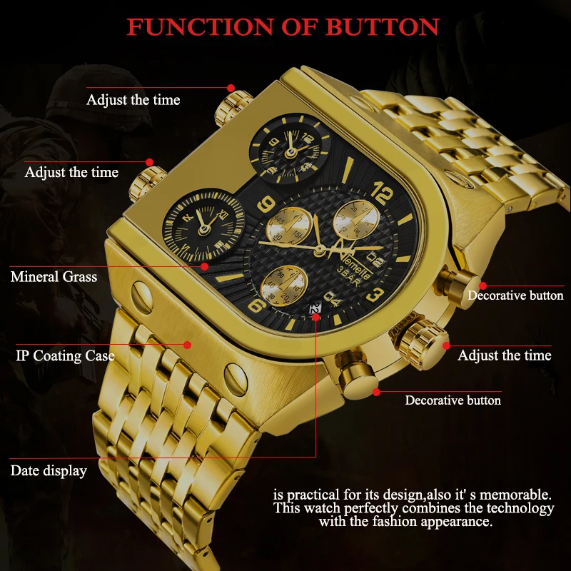 TEMEITE Quartz Mens Watches Top Brand Luxury Golden Clock 3 Time Zone Date Stainless Steel Strap Mi