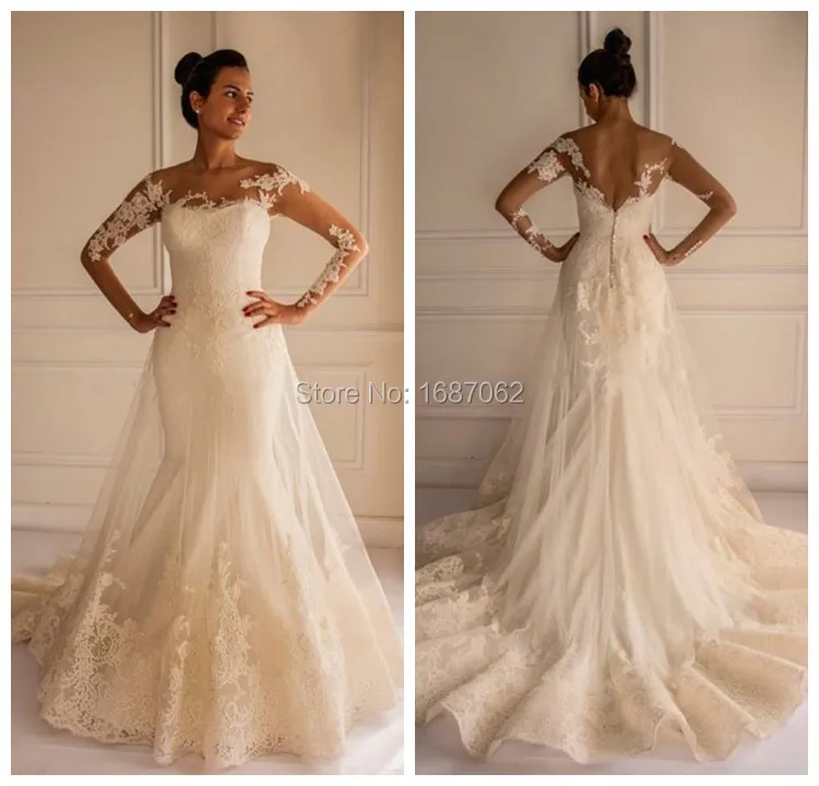 illusion lace and satin mermaid wedding dress