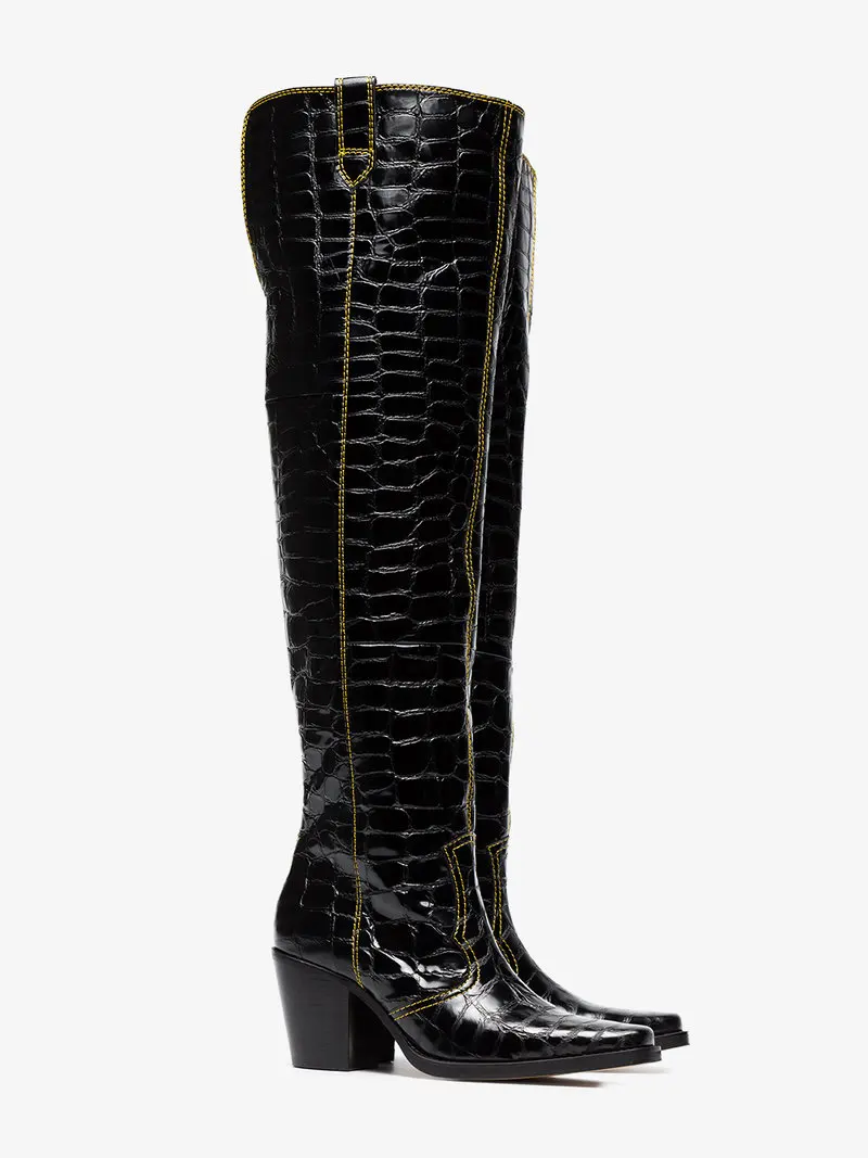 La Rodilla De Bloque Talón Cocodrilo Muslo Pie Patente Sobre Con Negro Alta Mediados Botas Cuadrado Mujeres Del Dedo Punta Vaquero Impresión Tacón 7zOn11qg