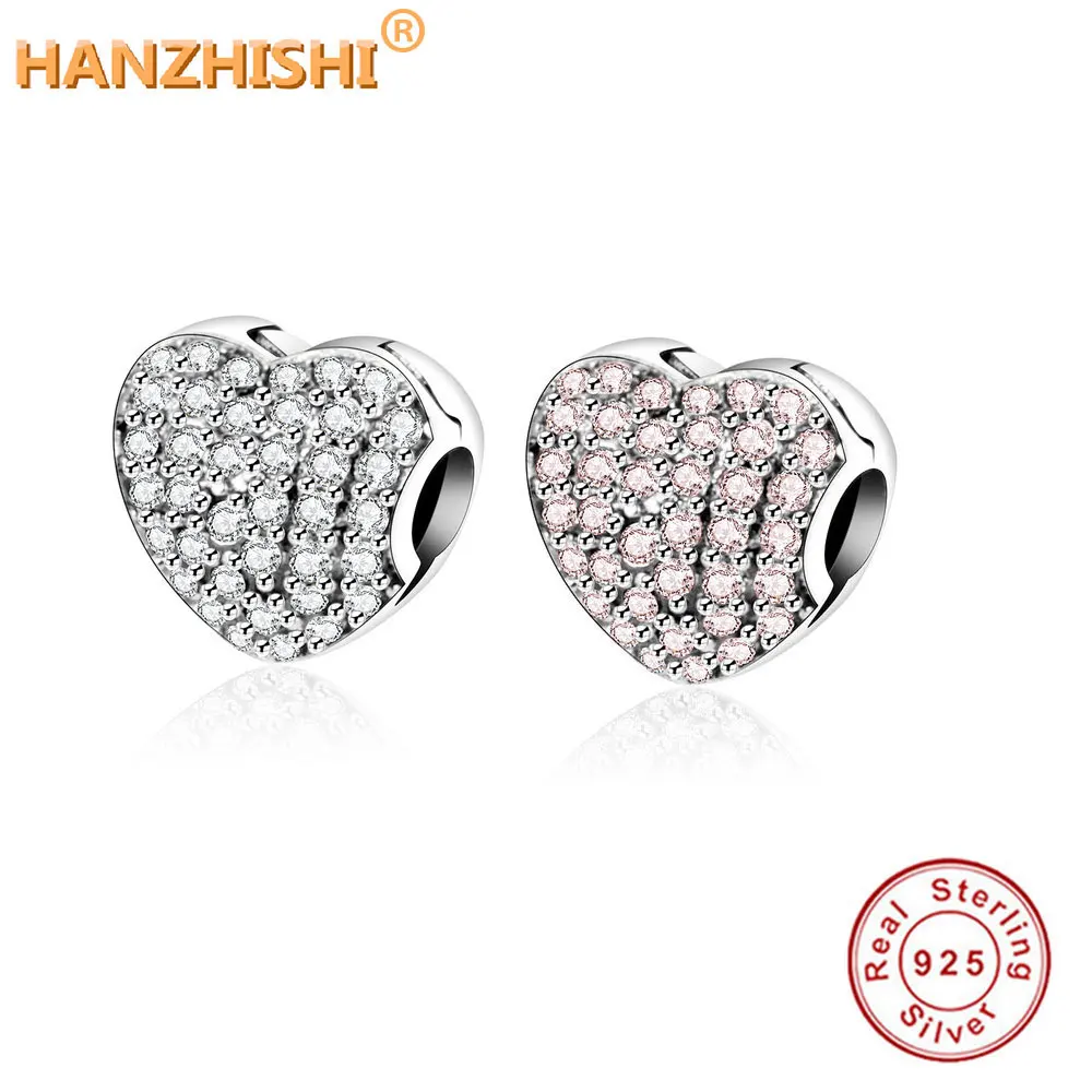

2017 Winter 100% 925 Sterling Silver Beads Fit Pandora Charms Bracelet Women Pave Zirconia Heart European Clip Stopper Charm DIY