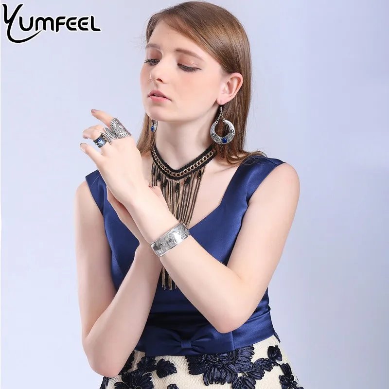 Yumfeel новые винтажные ювелирные изделия из металла с синим синтетическим камнем кольцо серьги Ювелирные наборы для женщин pendientes mujer moda подарки