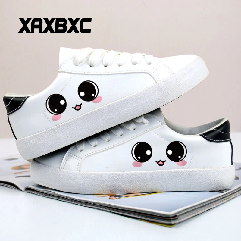 

XAXBXC 2018 New Spring Autumn Leather Hand-Painted Face White Flats Casual Women Sneakers Mujer Vulcanized Board Shoes