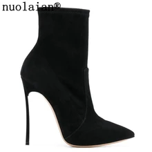 Черная зимняя обувь до середины икры; женские сапоги-носки на тонком каблуке; женская зимняя замшевая повседневная женская обувь; мотоботы на высоком каблуке