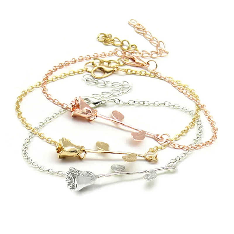 Изысканные Модные женские серебряный золотой розовый цветок звено цепи браслет