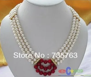 

HOT 00362 3ROW 19" 8MM WHITE ROUND PEARL RED CORAL NECKLACE