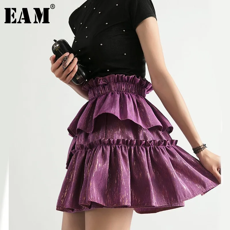 [EAM] 2018 New Summer High Elastic Waist Purple Ruffles Split Joint Layer Cakehalf-body Skirt Women Fashion Tide JG335