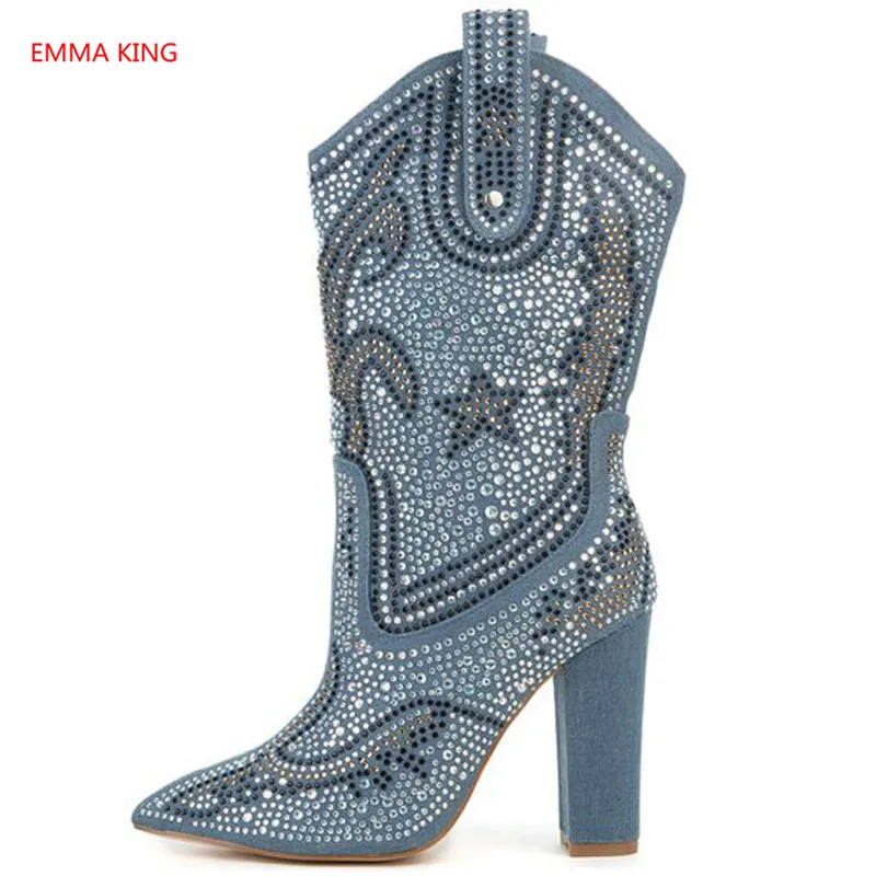 Denim Kristall Stiefel Geometrie Frauen Verzierte Licht as Heels Picture In Chunky Damen Shown Stiefeletten Picture Blau Spitz As 2018 Winter Schuhe Mode High PvpYqY