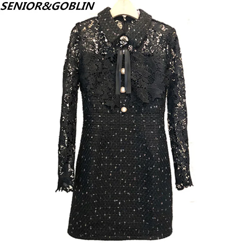 

2019 High Quality Luxury Designer Black Tweed Dress Women Lace Patchwork Bow Diamond Mini Party Dresses Female White Vestidos