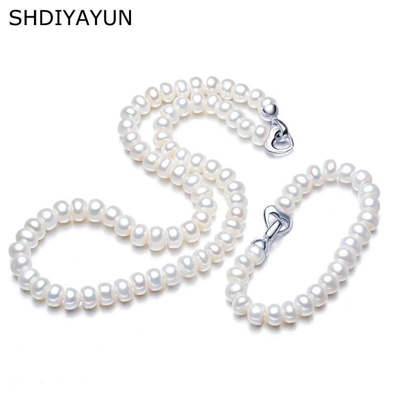 

SHDIYAYUN Necklace Pearl Jewelry Set Freshwater Pearl Jewelry Love Button 925 Sterling Silver Necklace Bracelet For Women Gift