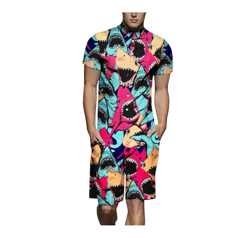 New Shark Print Rompers Men Short Sleeve Cartoon 3d Jumpsuit Playsuit Harem Cargo Overalls Mens Sets 3