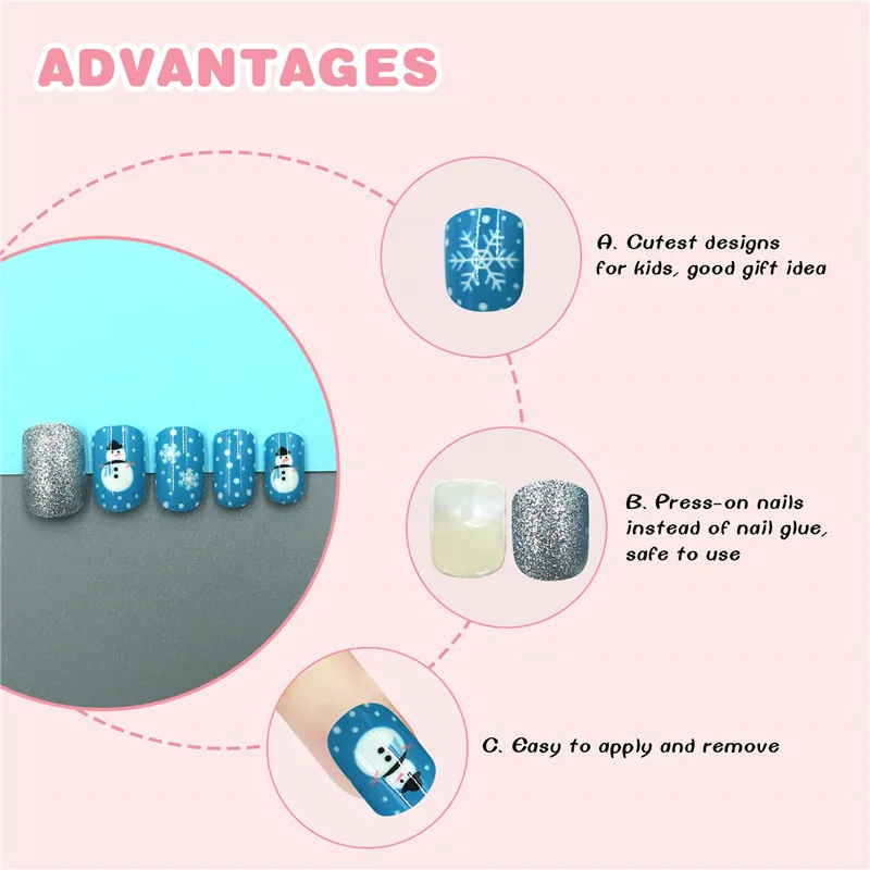 30 шт., накладные ногти в виде снеговика с дизайном, прессованные синие накладные ногти ABS для девочек, детские рождественские ногти