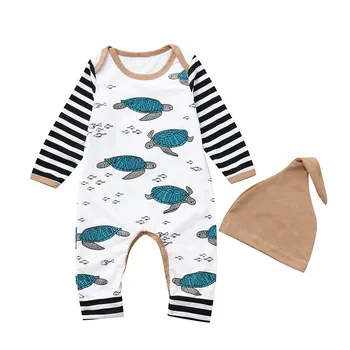 

2019 Kids baby Newborn Infant Baby Boy Girl Tortoise Striped Romper Jumpsuit Hat Clothes Set